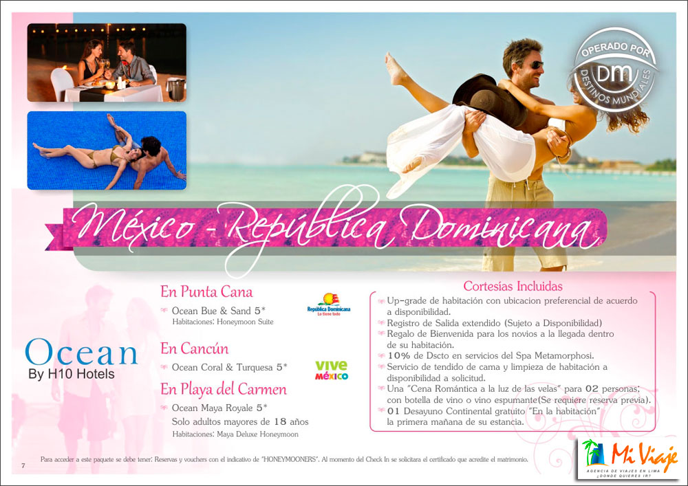 Viajes de Luna de Miel en Cancún, Playa del Carmen y Punta Cana con Hoteles Ocean salidas desde Lima Perú